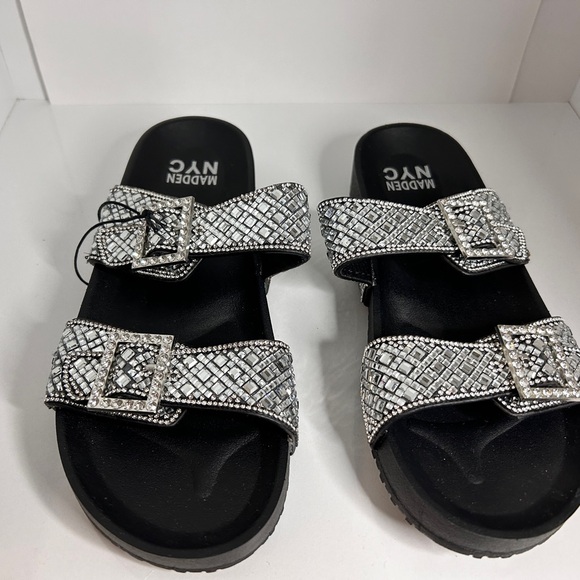 Madden NYC Black 9 Bling Rhinestone Buckle Adjustable Slide-On Footbed Sandals - Picture 1 of 5